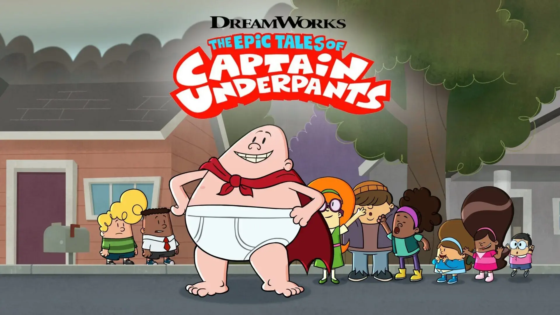 A cartoon superhero in underpants and a red cape stands confidently in front of smiling children, with DreamWorks The Epic Tales of Captain Underpants, inspired by popular banned book movies, displayed above.
