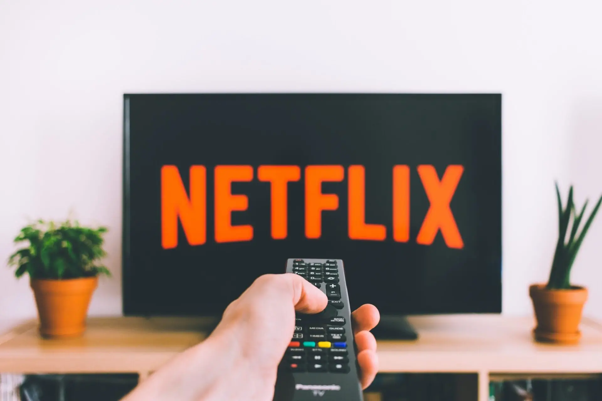 A hand holding a remote control pointed at a TV screen displaying the Netflix logo, with small potted plants on either side of the television.