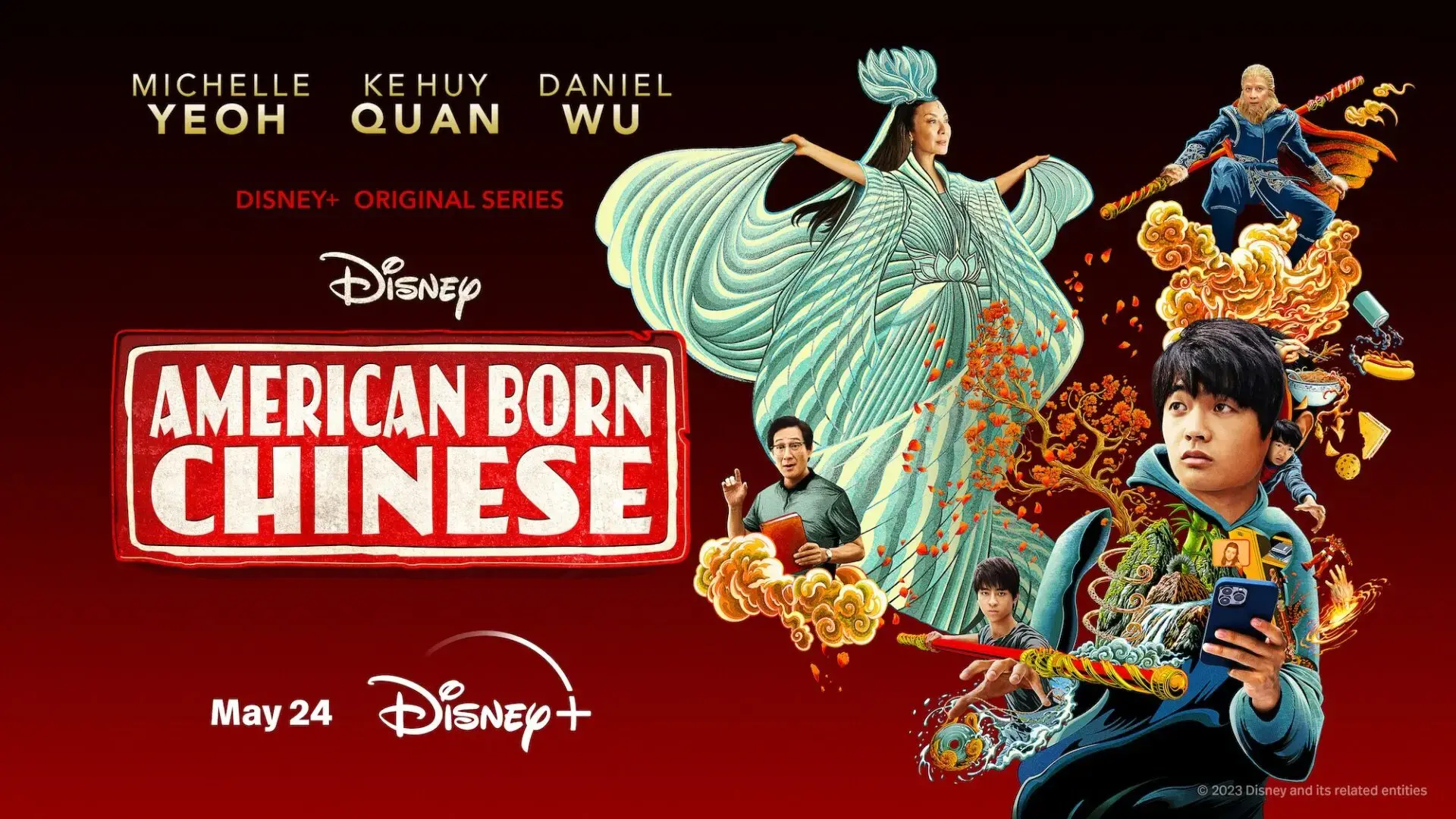 Promotional poster for “American Born Chinese” shows main characters amid swirling, magical elements, featuring Michelle Yeoh, Ke Huy Quan, and Daniel Wu. Part of the trend of adapting banned book movies, the series releases May 24 on Disney+.