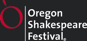 Logo for the Oregon Shakespeare Festival featuring a red circular design on the left and “Oregon Shakespeare Festival” in white text on a dark background.