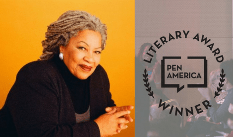 A woman with gray locs and a black outfit sits smiling against a yellow background. Beside her is a PEN America Literary Award Winner emblem with laurel branches.