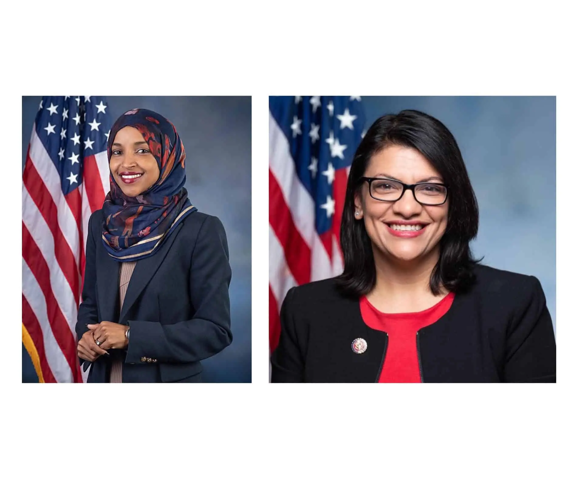 Two women pose separately in front of an American flag. The woman on the left wears a patterned hijab and blazer, while the woman on the right has glasses, straight dark hair, and a blazer with a pin. Both are smiling.