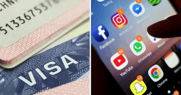 Close-up of a Visa credit card and another card on the left; on the right, a finger taps on a smartphone screen displaying various social media app icons like Instagram, Facebook, WhatsApp, and YouTube.