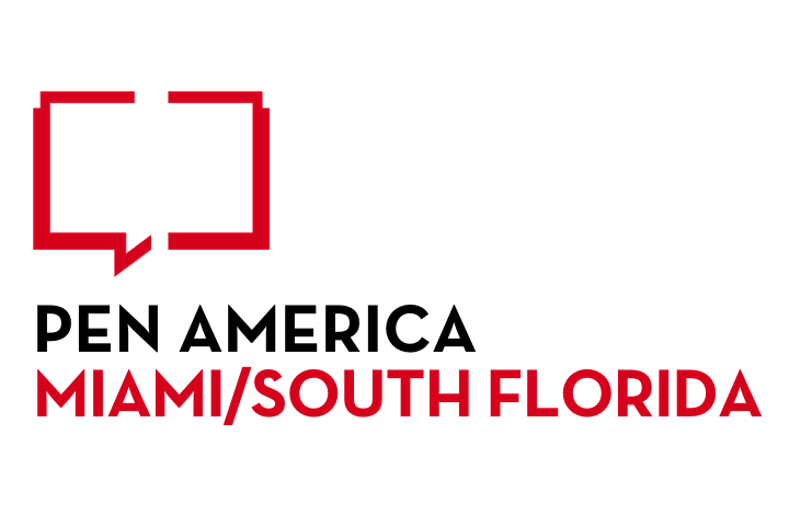 Logo with a red speech bubble outline on the left. On the right, black text reads PEN America above red text that says Miami/South Florida. White background.