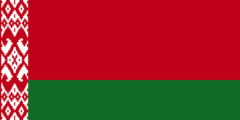 Flag of Belarus with a horizontal red stripe above a green stripe, and a white and red traditional ornamental pattern on the hoist side.
