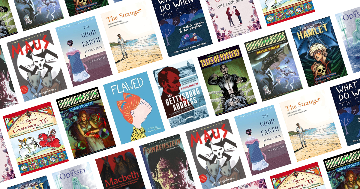 A collage of various book covers, including titles like The Good Earth, What to Do When, The Odyssey, Hamlet, Flawed, The Stranger, Macbeth, and several Graphic Classics.
