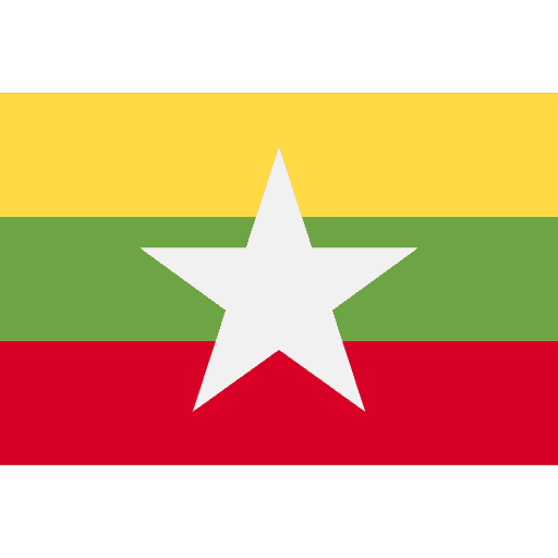 The flag of Myanmar featuring horizontal stripes of yellow, green, and red with a large white five-pointed star in the center.