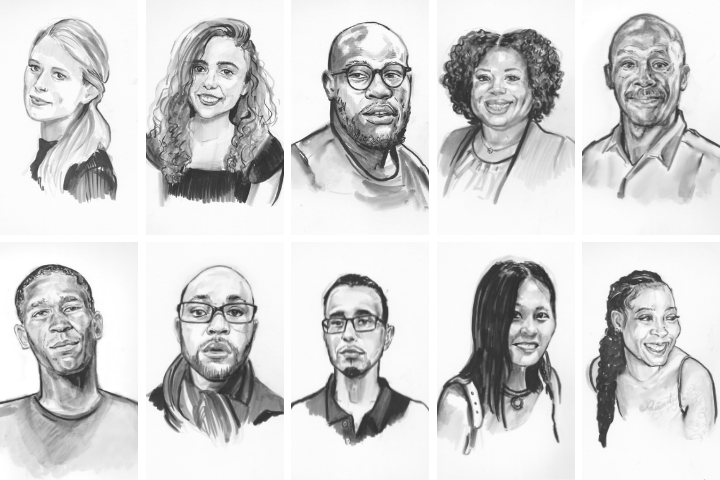 A grid of ten black-and-white portrait sketches shows a diverse group of men and women, reminiscent of the 2021-2022 Writing for Justice Fellows interview series, with varied hair styles, facial features, and expressions in two rows of five.