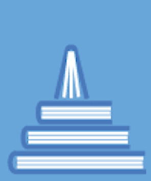 Three closed books are stacked horizontally, with one open book standing upright on top, all illustrated in white and outlined in blue on a light blue background.