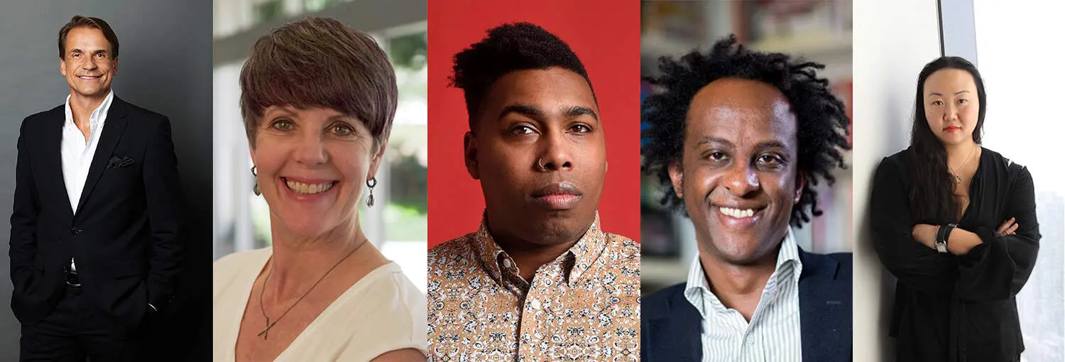 Five people stand or pose for individual portraits, each against different backgrounds. From left to right: a man in a suit, a smiling woman with short hair, a man with patterned shirt, a smiling man with curly hair, and a woman with long black hair.