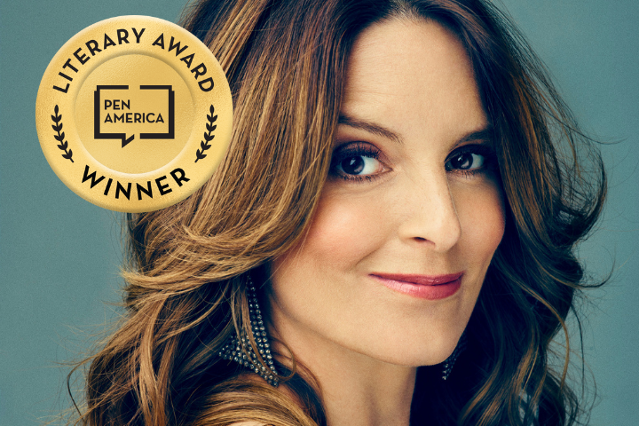 A woman with wavy brown hair smiles softly at the camera. A gold badge that reads PEN America Literary Award Winner is overlaid on the images upper left side.