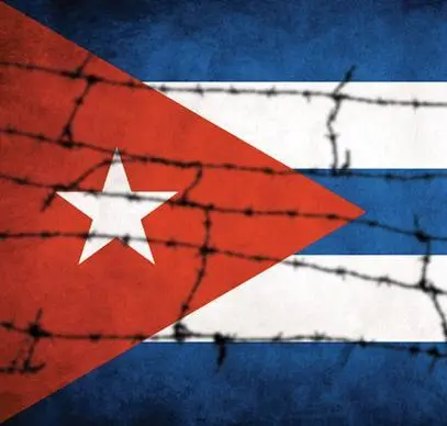 The Cuban flag with a pattern of black barbed wire overlaying it, symbolizing restriction or oppression.