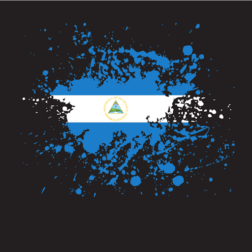 The Nicaraguan flag with blue and white horizontal stripes and a coat of arms in the center, depicted with blue and white paint splatters on a black background.