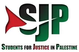 Logo for Students for Justice in Palestine. The large initials “SJP” are stylized in black, white, and green with a red triangle on the left. Students for Justice in Palestine is written below in green and black.