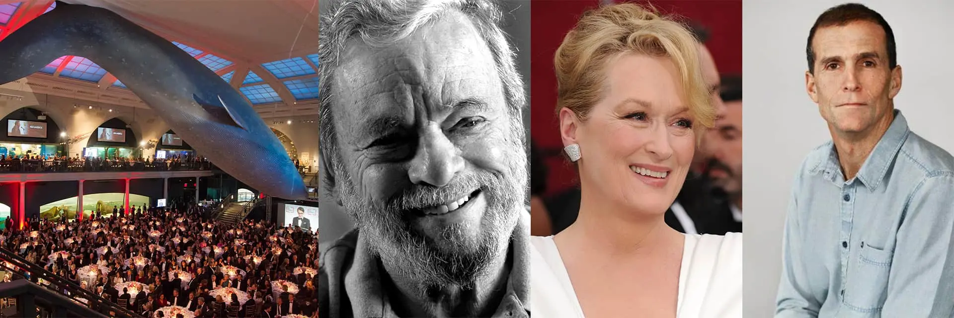 A collage: a whale model over a dining hall, a grayscale smiling older man, a woman with blond hair in a white outfit smiling, and a man in a light blue shirt sitting against a plain background.