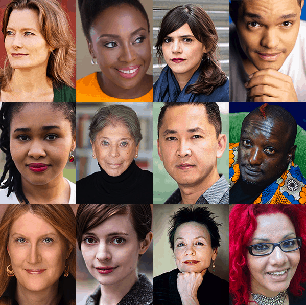 A grid of twelve diverse authors shown in individual headshots, featuring different ages, genders, and ethnicities, each with distinct backgrounds and expressions reflecting their unique personalities.