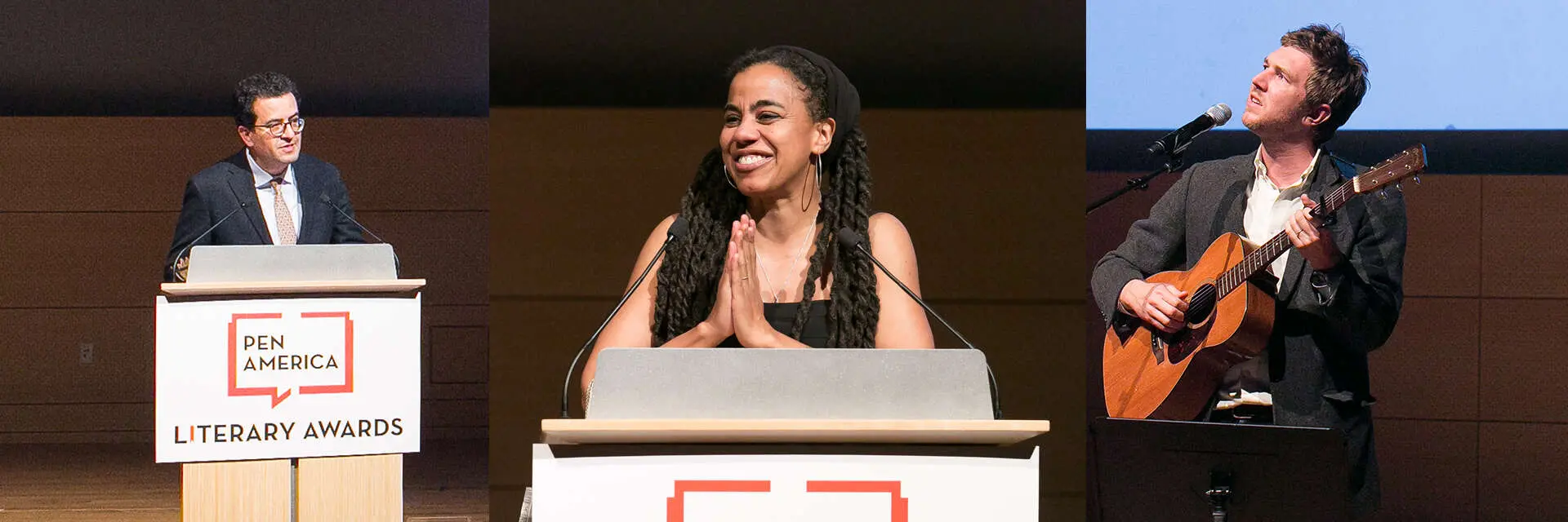Three people are shown on stage at the PEN America Literary Awards: one stands at a podium, another smiles and clasps their hands behind a podium, and the third plays guitar and sings into a microphone.