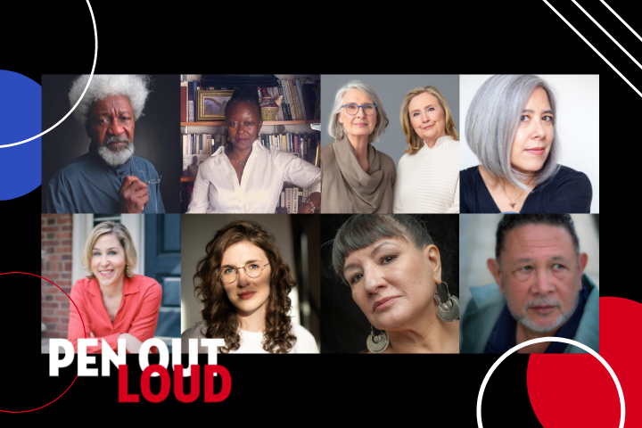 A collage of eight diverse authors, including men and women of different ages and backgrounds, arranged in two rows. PEN OUT LOUD is written in bold white and red text on the bottom left. Geometric shapes accent the image.