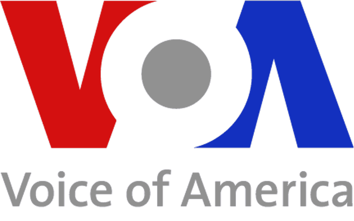 The image shows the Voice of America (VOA) logo with large red, white, and blue letters VOA above the gray text Voice of America.