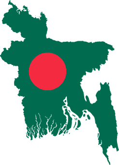 Outline map of Bangladesh filled with a transparent background, with a large red circle in the center, resembling the design of the national flag of Bangladesh.