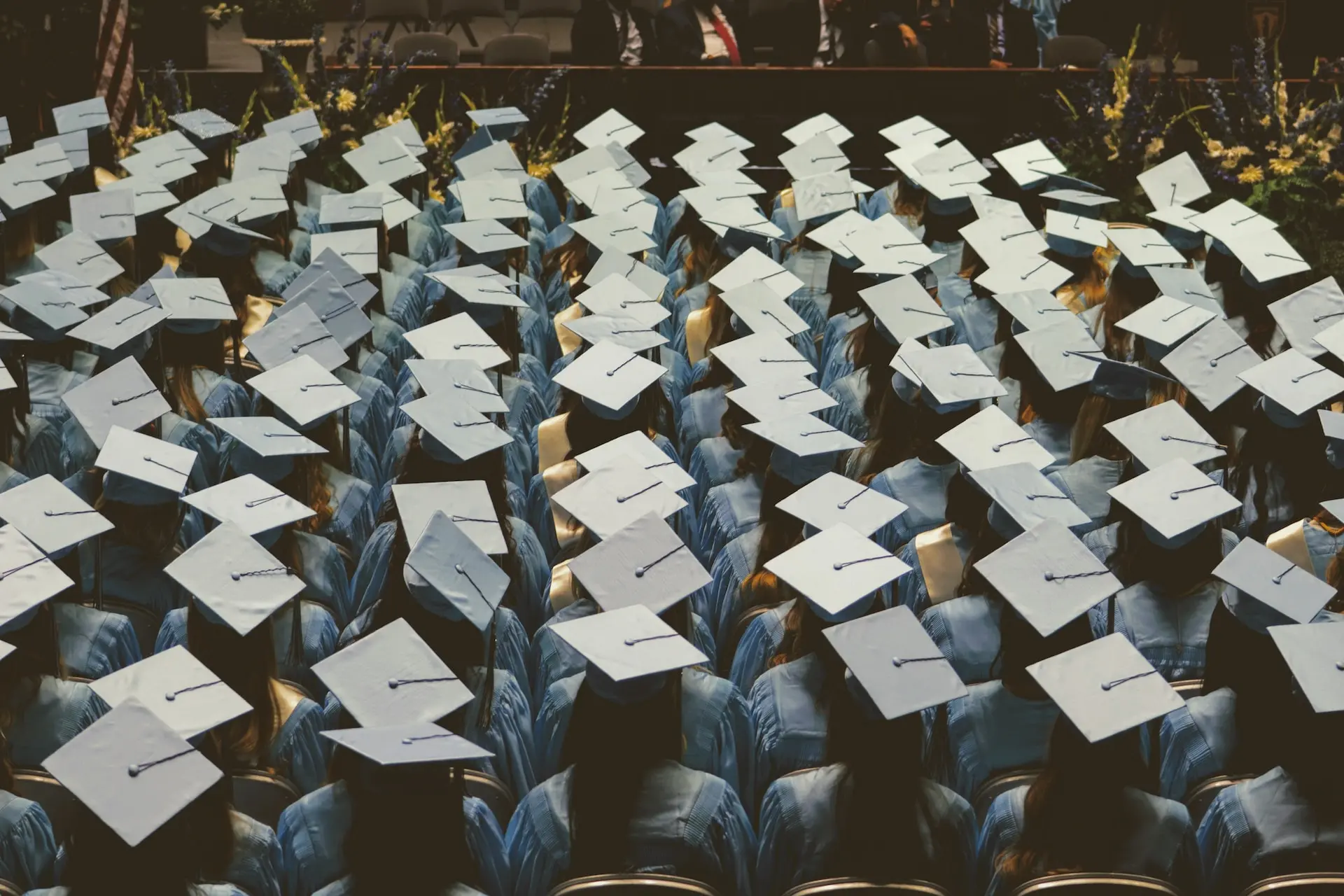 A large group of graduates in blue robes and square caps sit in rows at a graduation ceremony, viewed from behind.