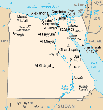 Map of Egypt showing major cities, including Cairo, Alexandria, Aswān, and Luxor, key geographical features like the Nile River, Lake Nasser, and borders with Libya, Sudan, Israel, and the Mediterranean and Red Seas.