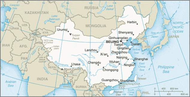Map of China and surrounding countries, showing major cities like Beijing, Shanghai, Guangzhou, Urumqi, and geographic features such as neighboring nations, the China Sea, and notable rivers.