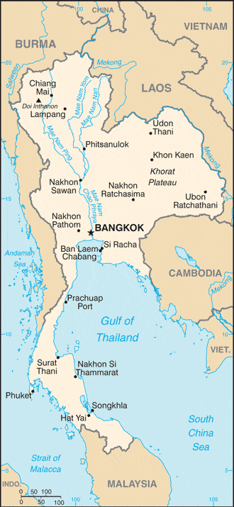 Map of Thailand showing major cities, surrounding countries (Burma, Laos, Cambodia, Malaysia, Vietnam), major bodies of water (Gulf of Thailand, South China Sea), geographical features, and transportation hubs.