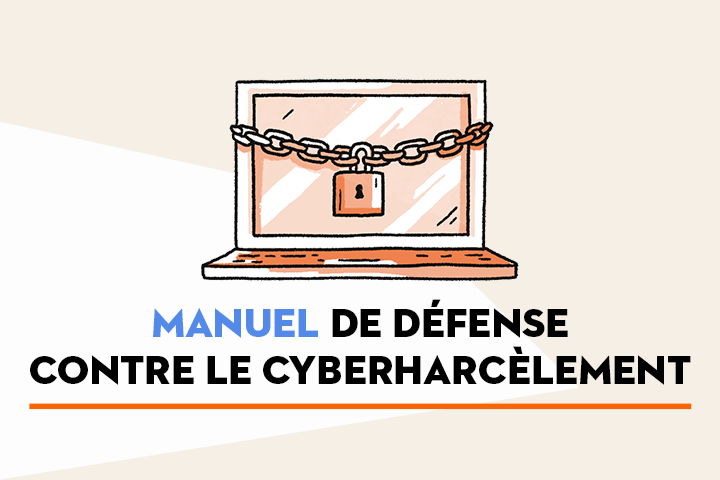 Illustration of a laptop with a chain and padlock on the screen above the French text Manuel de défense contre le cyberharcèlement (Guide to defending against cyberbullying).