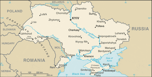 Map of Ukraine showing its borders with Poland, Slovakia, Hungary, Romania, Moldova, Belarus, and Russia, along with major cities such as Kyiv, Odessa, Lviv, and the Crimean Peninsula.