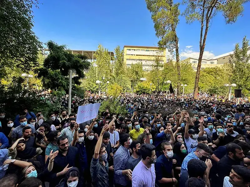 A large crowd of people, many wearing face masks, gather outdoors among trees and buildings. Some raise their hands, and one person holds a sign. The sky is clear and blue.