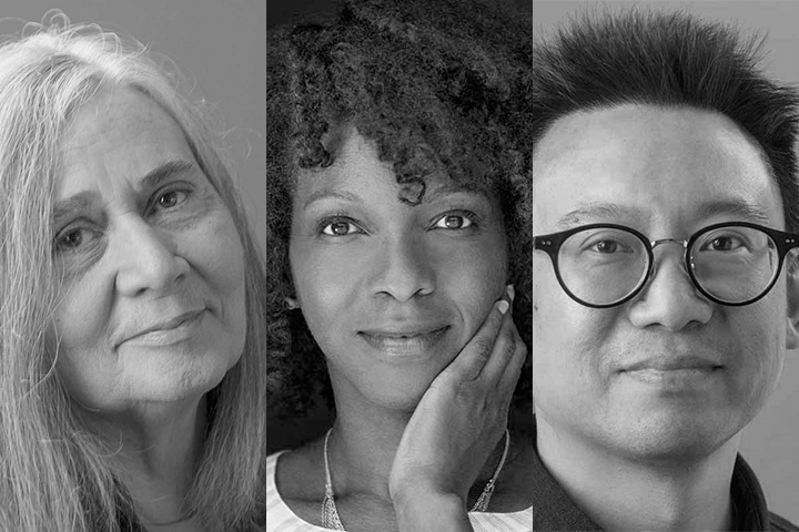 A black and white collage of three people: an older woman with long gray hair, a middle-aged woman with curly hair touching her face, and a man wearing glasses, all looking at the camera.