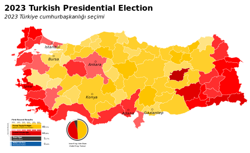 A map of Turkey showing the results of the 2017 constitutional referendum by province, with areas shaded in yellow for Yes votes and red for No votes. A pie chart displays the overall national result.