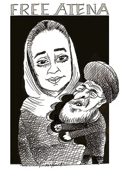 A black and white drawing of a woman in a headscarf with a sad expression, holding a small, bearded man in religious attire. The text FREE ATENA appears above the woman in large letters.