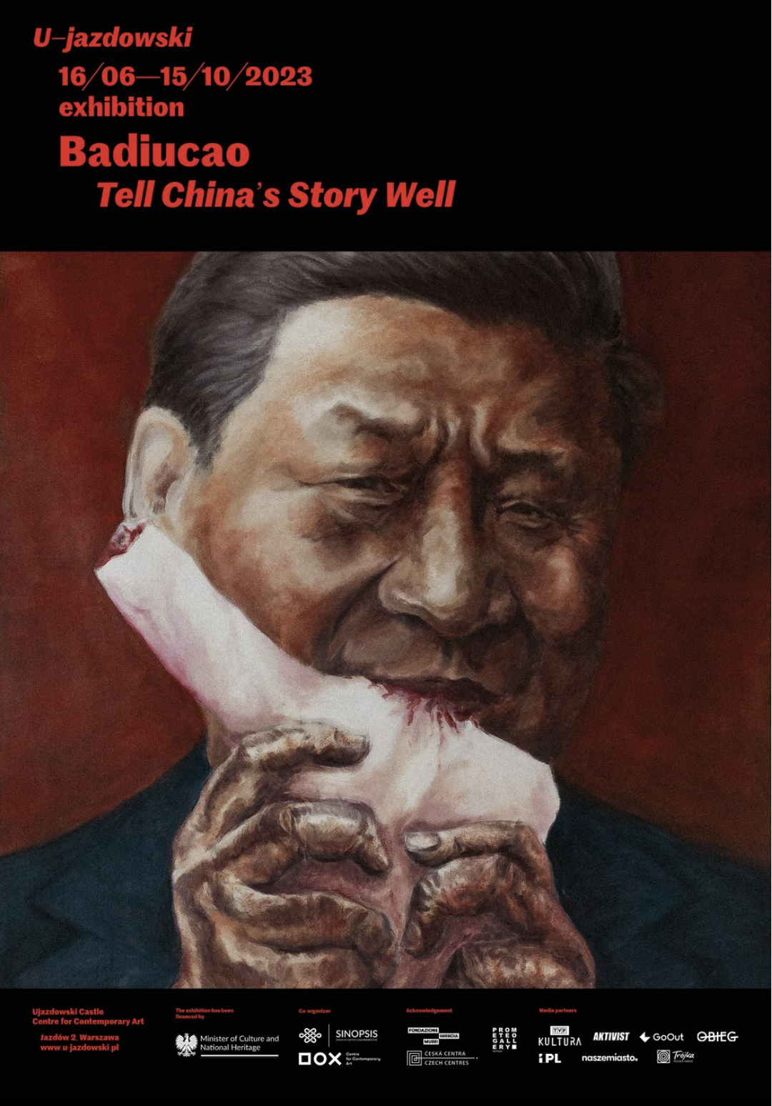 Poster for the Badiucao: Tell China’s Story Well exhibition, showing a painted figure biting into what appears to be a human-shaped piece of meat. Event details and dates are listed at the top in orange and red text.