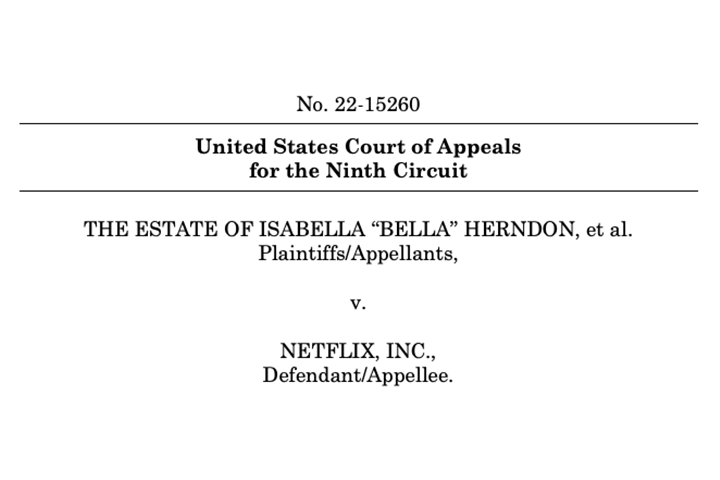 Court document heading showing: No. 22-15260, United States Court of Appeals for the Ninth Circuit, The Estate of Isabella Bella Herndon, et al. v. Netflix, Inc.