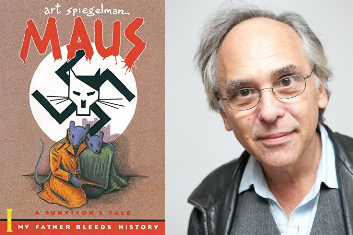 The image shows the cover of Maus by Art Spiegelman, featuring two mice in striped clothing under a stylized cat-faced swastika, next to a portrait of an older man in glasses and a leather jacket.