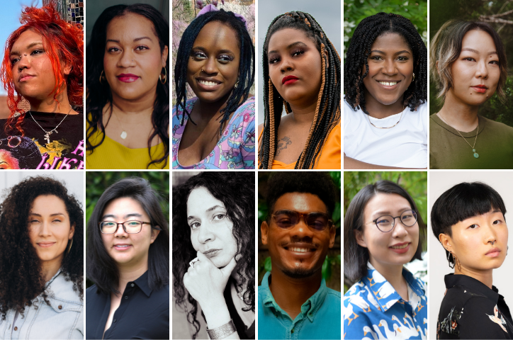 A grid of twelve diverse people, each pictured from the shoulders up, smiling or with neutral expressions, against various outdoor and plain backgrounds.