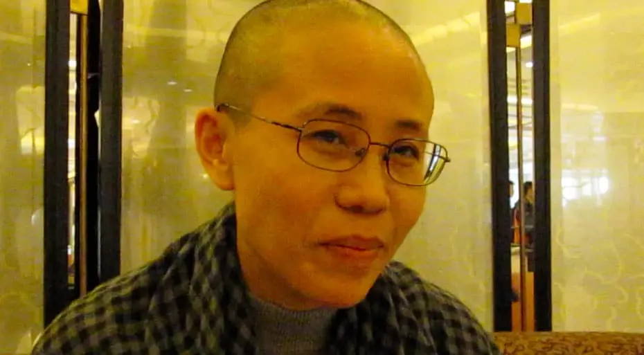 A person with a shaved head, glasses, and a checkered scarf sits indoors in front of a frosted glass divider, softly smiling—reminiscent of Liu Xias quiet strength.