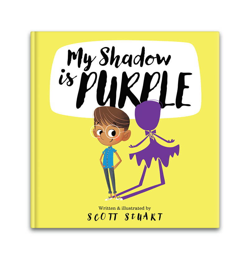 A childrens book cover titled My Shadow is Purple by Scott Stuart, showing a child with glasses standing next to a smiling, purple-colored shadow figure on a yellow background.