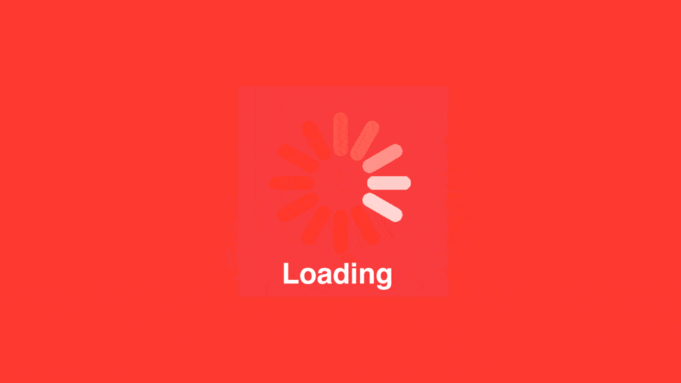 Animated loading icon with rotating bars in varying shades of red above the word Loading on a solid red background.