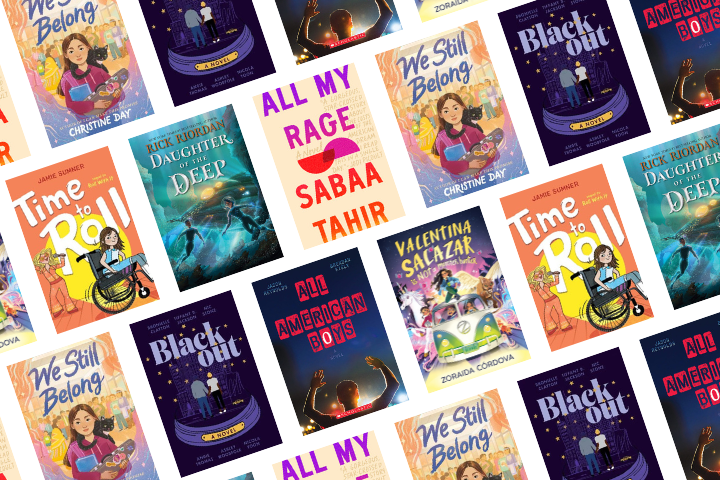 A collage featuring colorful covers of diverse young adult books, including Time to Roll, We Still Belong, All My Rage, All American Boys, Daughter of the Deep, Blackout, and Valentina Salazar.