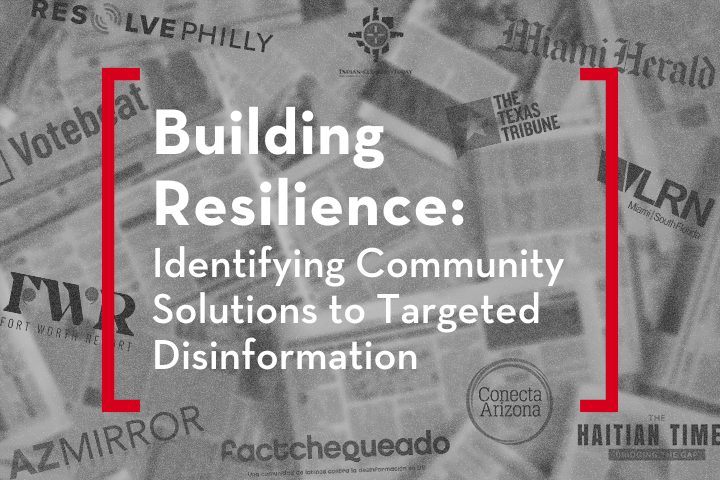 A collage of various newspaper logos forms the background, while bold white text in the center reads: Building Resilience: Identifying Community Solutions to Targeted Disinformation. Red brackets frame the text.