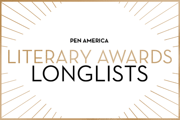 A graphic with the text PEN America Literary Awards Longlists in gold and black, surrounded by gold lines radiating from the corners on a white background.