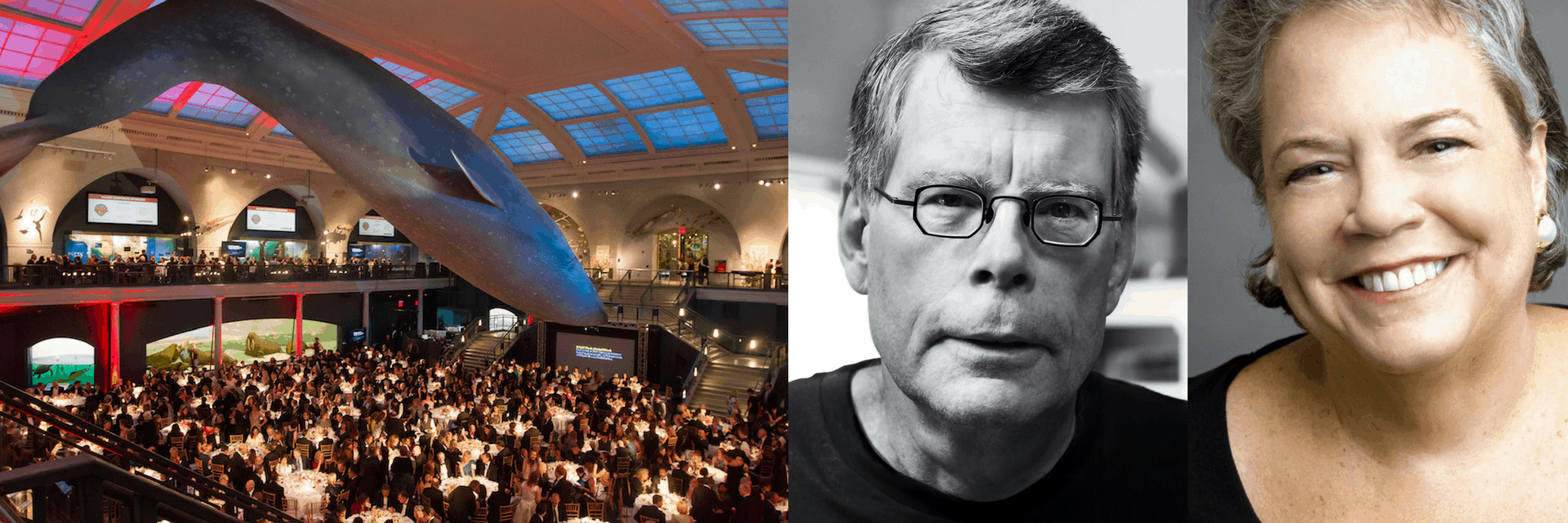 A gala dinner under a large blue whale model in a museum hall, next to black-and-white and color headshots of an older man with glasses and an older smiling woman.