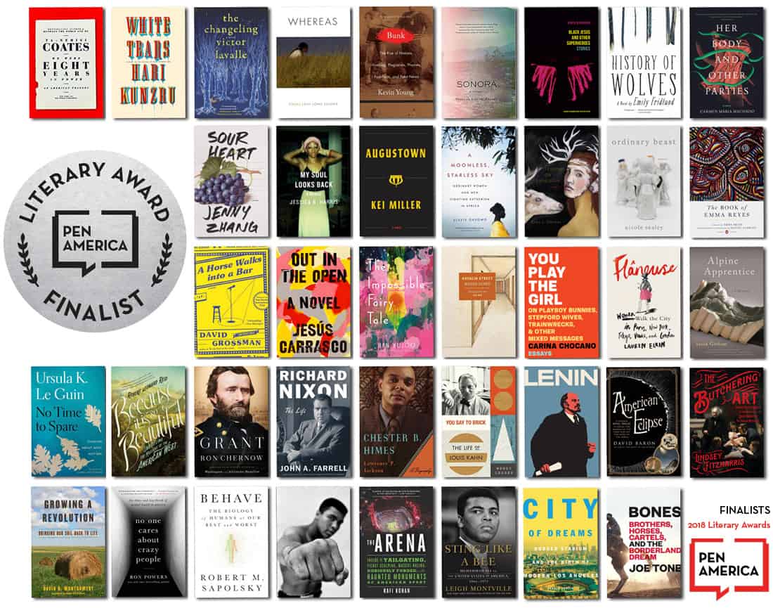 A collage of 36 book covers, including fiction and nonfiction titles, with a “PEN America Literary Award Finalist” badge prominently displayed in the bottom left corner among the covers.