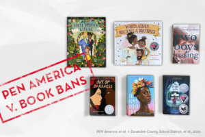 A collage of six diverse book covers, each awarded literary medals, appears behind a bold red stamp reading “PEN AMERICA V. BOOK BANS.” Credits are listed at the bottom right.