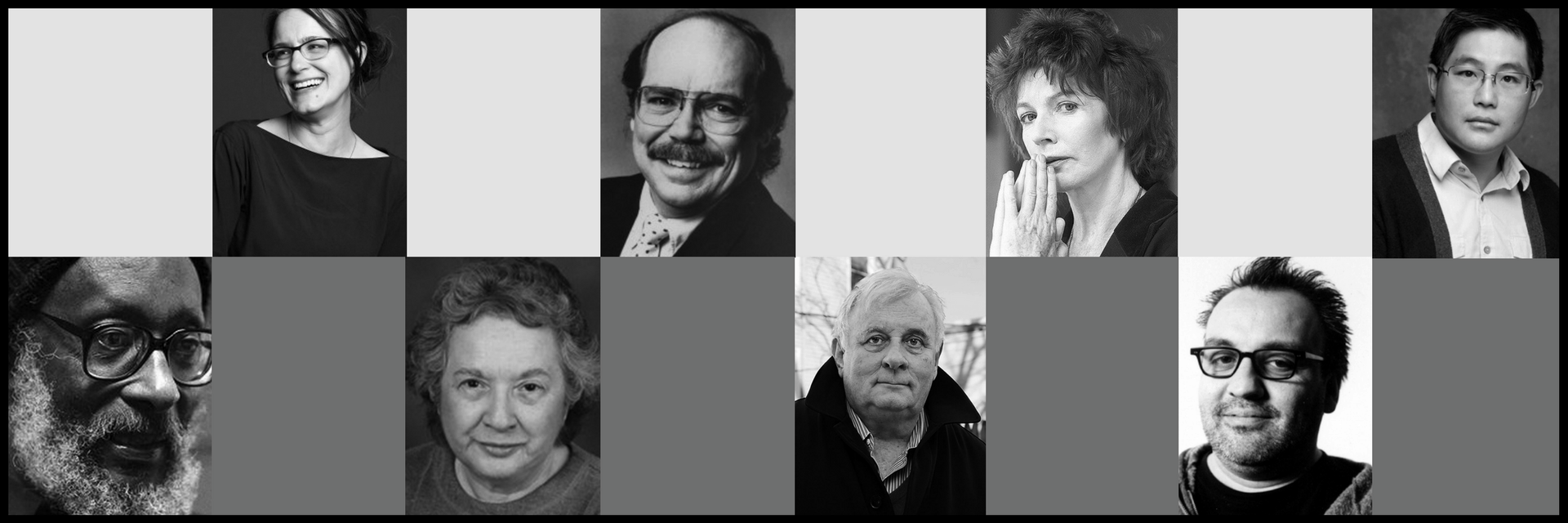 A collage of black and white portrait photos, featuring five people in the top row and four in the bottom row, each with varied expressions and backgrounds.