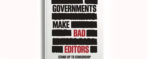 The image shows a book cover with text largely obscured by black censorship bars. The visible words read: Governments Make Bad Editors. Stand up to censorship.