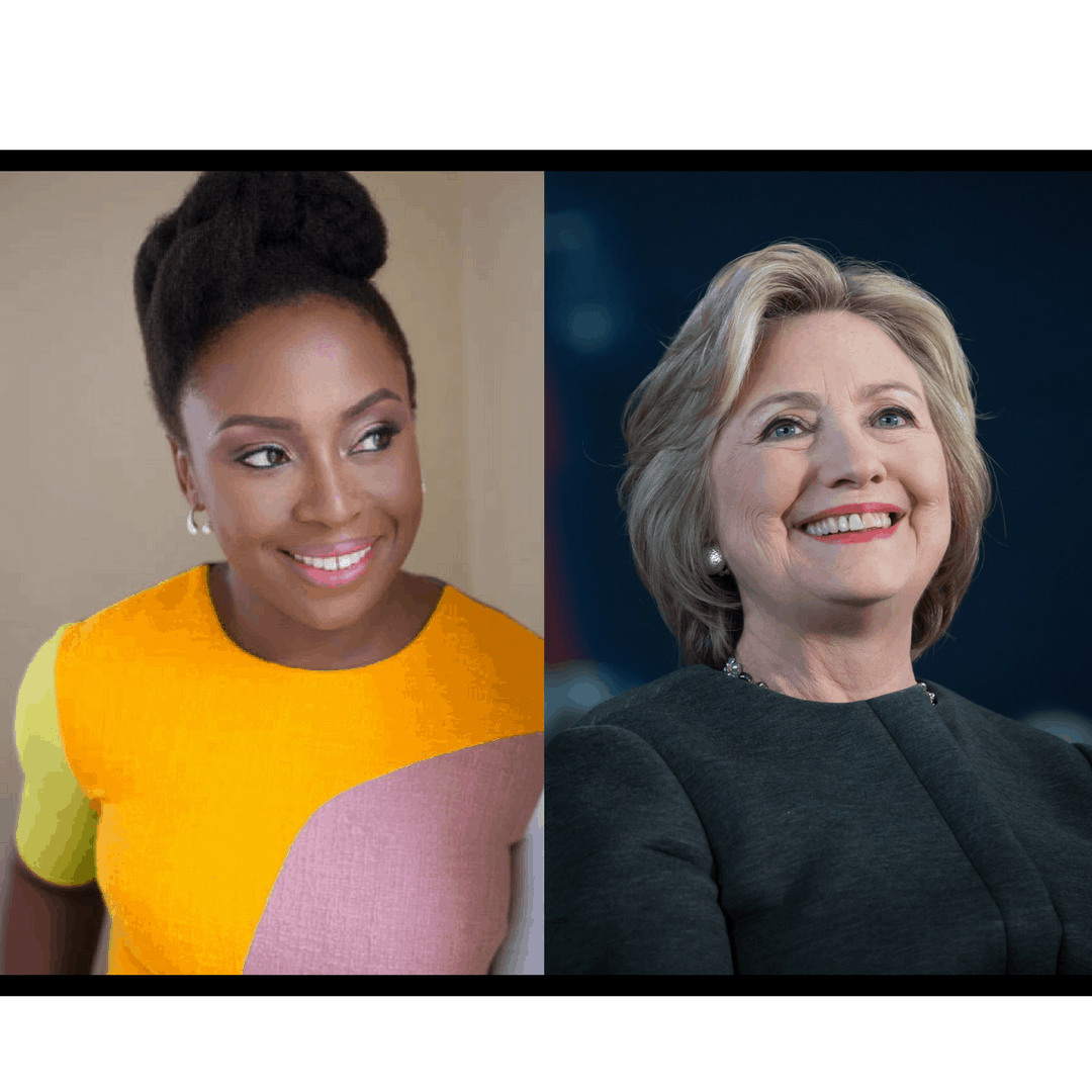 A split image shows two women smiling. The left woman has dark skin, styled hair, and wears a yellow and pink top; the right woman has light skin, short blonde hair, and wears a dark suit.